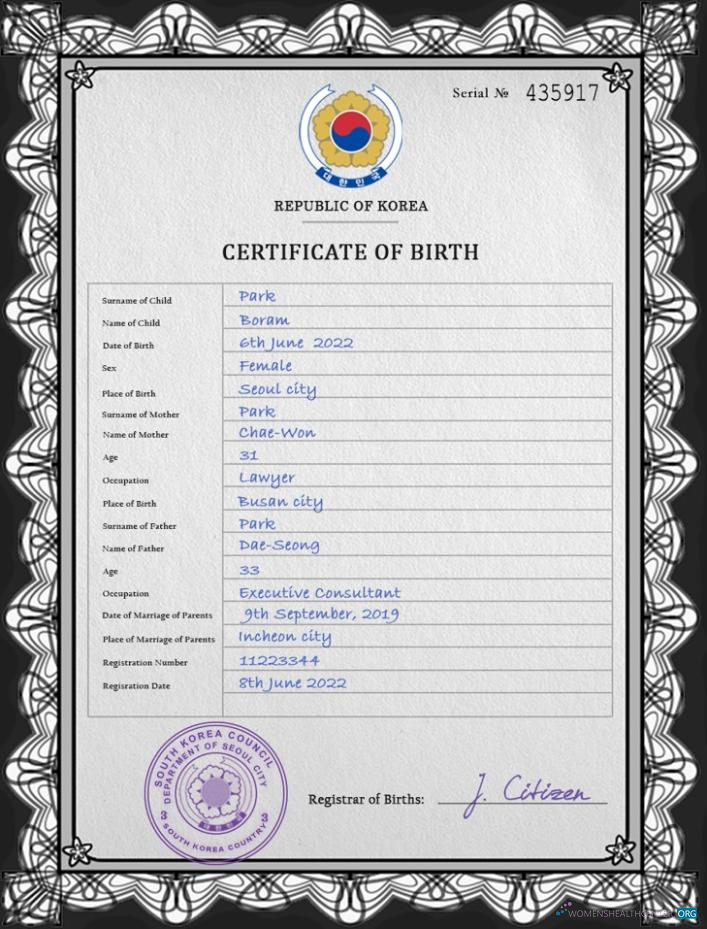 Download South Korea birth certificate PSD template Photoshop template